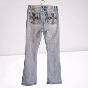 Fire & Rain Rhinestone Celtic Cross Y2K Blue Light Wash Jeans Stretchy Bootcut